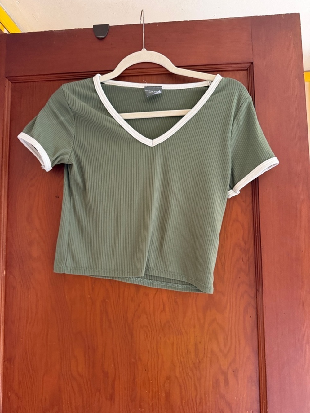 Olivia Rae Olive Green Ribbed V-Neck Crop Top with White Trim